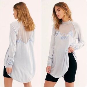 Free People Embroidered Mesh Top Blue Size M Long Sleeve Semi Sheer Coquette